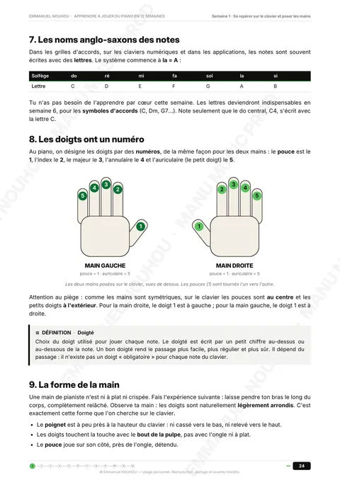 Page sur la numérotation des doigts et la forme de la main